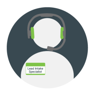 Navy circle holds gray person icon wearing Lead Intake Specialist name tag and gray & green headset